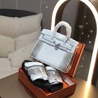 Hermès High-Quality Exotic Textured Collection – White & Taupe Crocodile-Embossed Satchel and Matching Slide Combo Set with Padlock