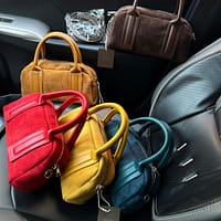 "No Filter" Luxury Suede Mini Boston Bag – Structured Top-Handle Handbag with Genuine Leather Trim and Detachable Crossbody Strap